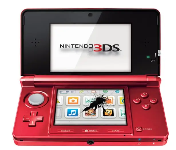Nintendo 3ds repair image with cracked screen.