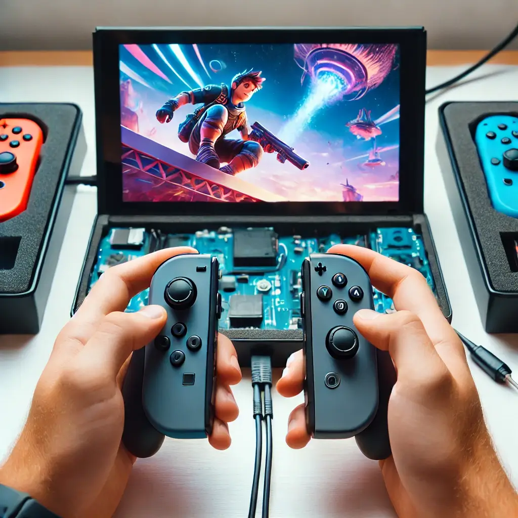 Joy-Cons being tested on the console after a professional Joy-Con drift fix repair, showing smooth movement.