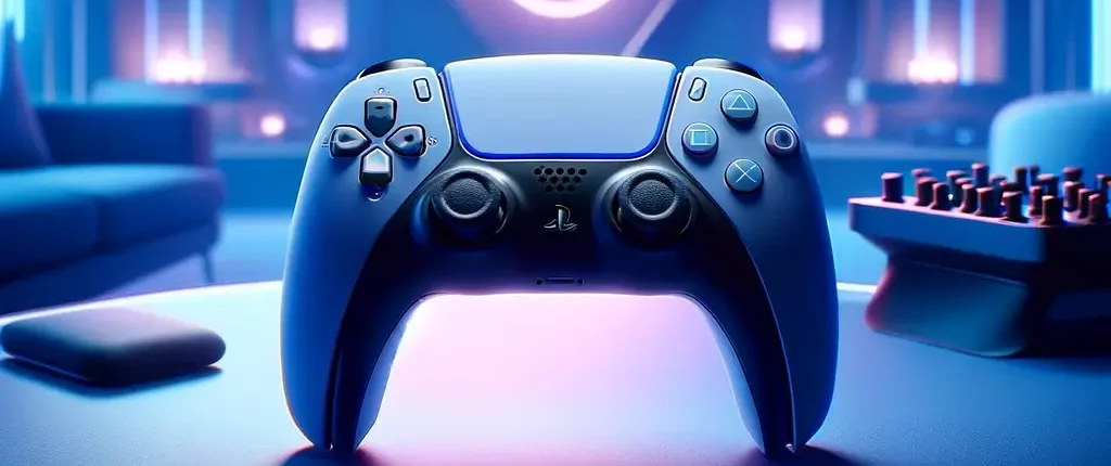 PlayStation 5 DualSense controller on a modern gaming desk with neon blue and purple lighting.