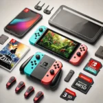 Flat-lay of Nintendo Switch OLED Model accessories, including a protective case, Joy-Con grips, tempered glass screen protector, and microSD card.