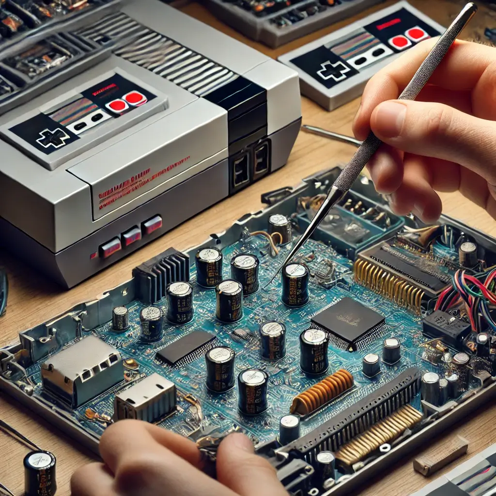 Photorealistic close-up of a technician performing a NES Capacitor Replacement on an open NES motherboard using tweezers and a soldering iron, with tools and NES cartridges in the background.