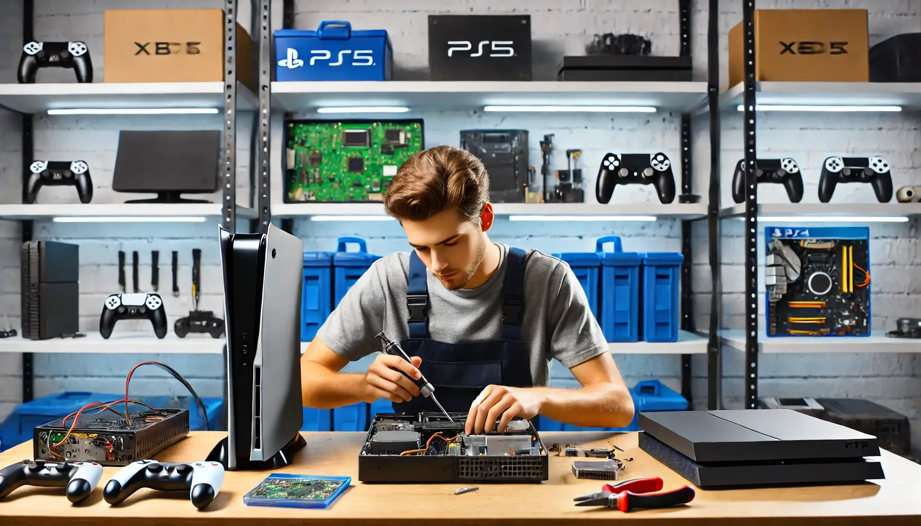 Professional console repair technician fixing a gaming console at a clean and organized repair station using specialized tools.