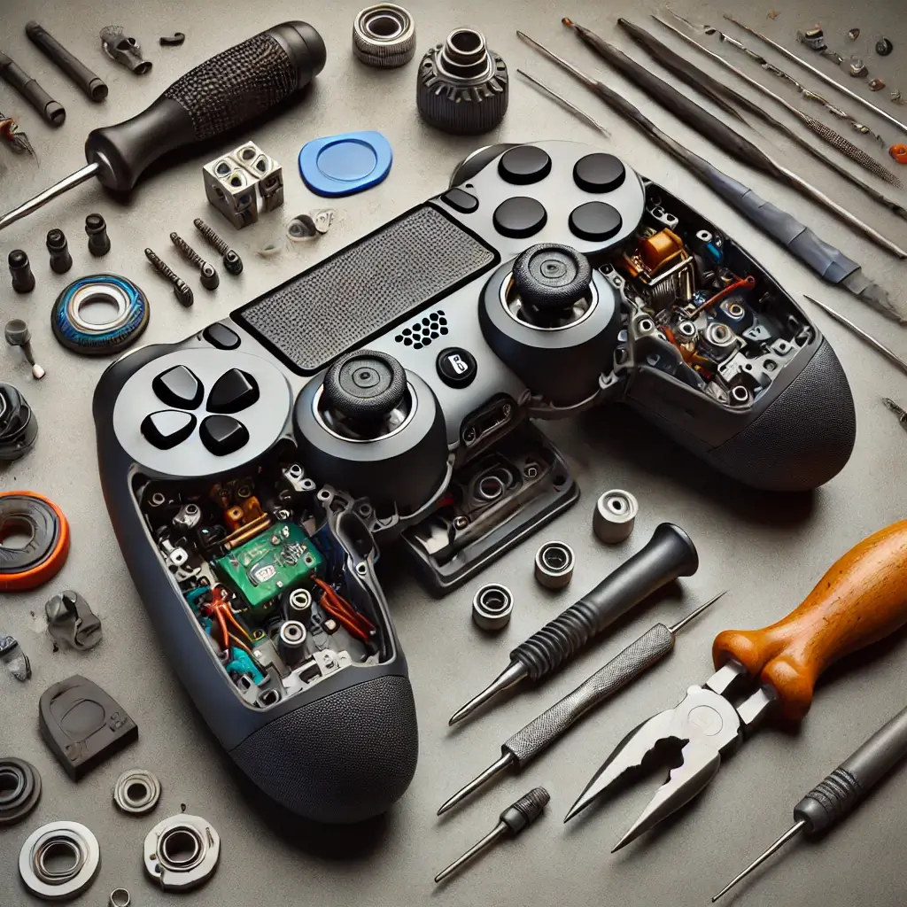 SCUF Controller Trigger Repair setup with disassembled triggers, buttons, and thumbsticks, alongside repair tools and replacement parts.