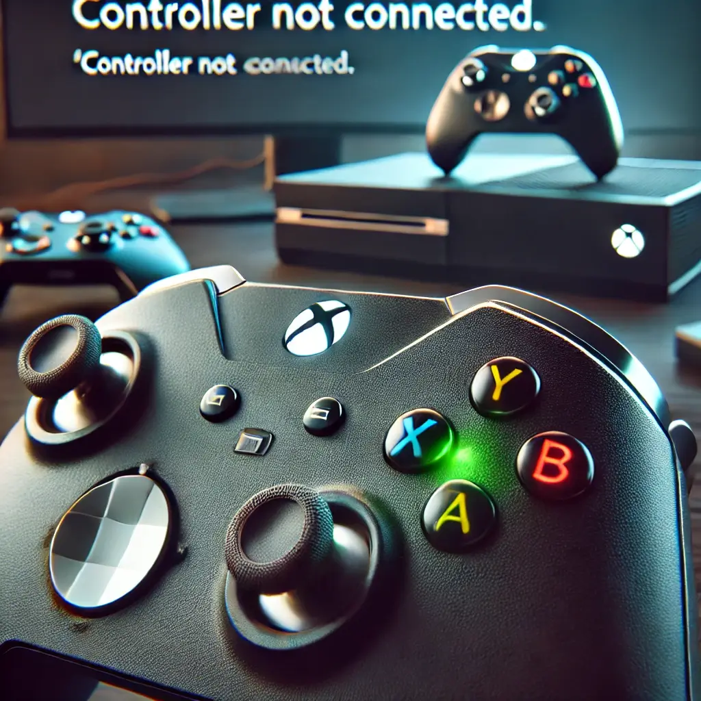 Close-up of an Elite Controller Connection Issues with the Xbox button blinking, indicating a connection issue, with a gaming setup in the background displaying a ‘Controller Not Connected’ message.