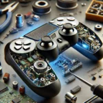 PlayStation controller Hall sensor upgrade with internal components exposed, showcasing Hall effect sensors replacing traditional potentiometers.