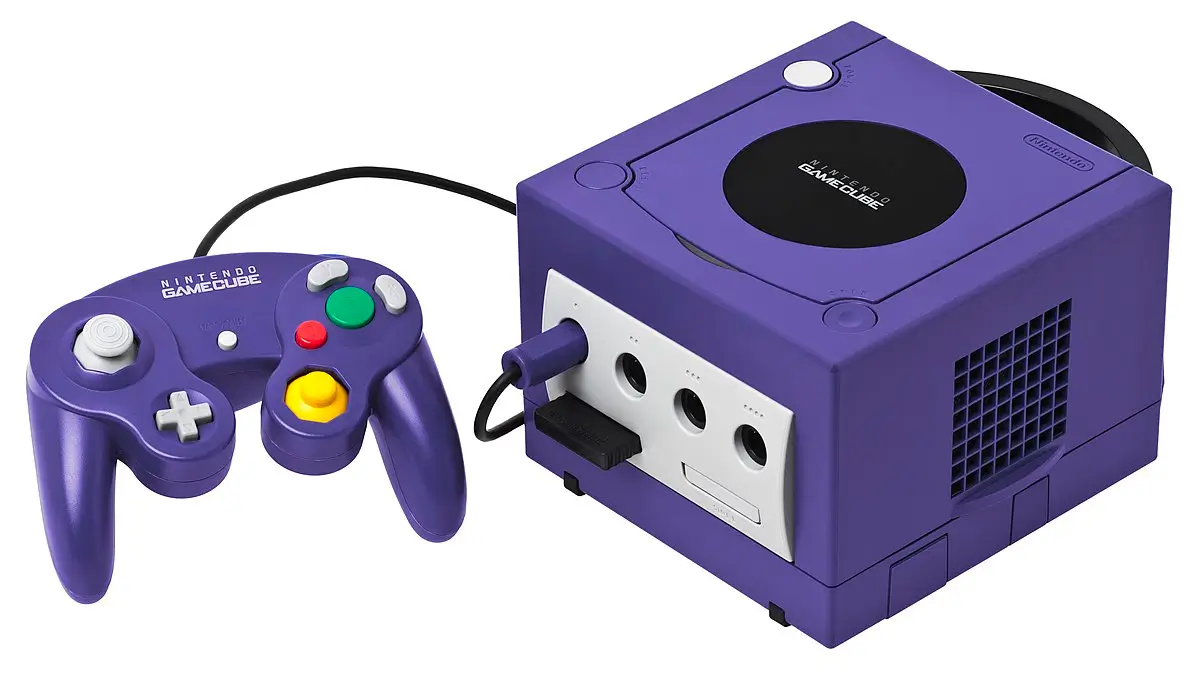 Nintendo GameCube repair – indigo console with controller connected, front ports visible