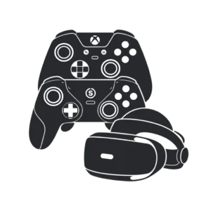 Simplified gaming accessories silhouette icon with controllers and VR headset